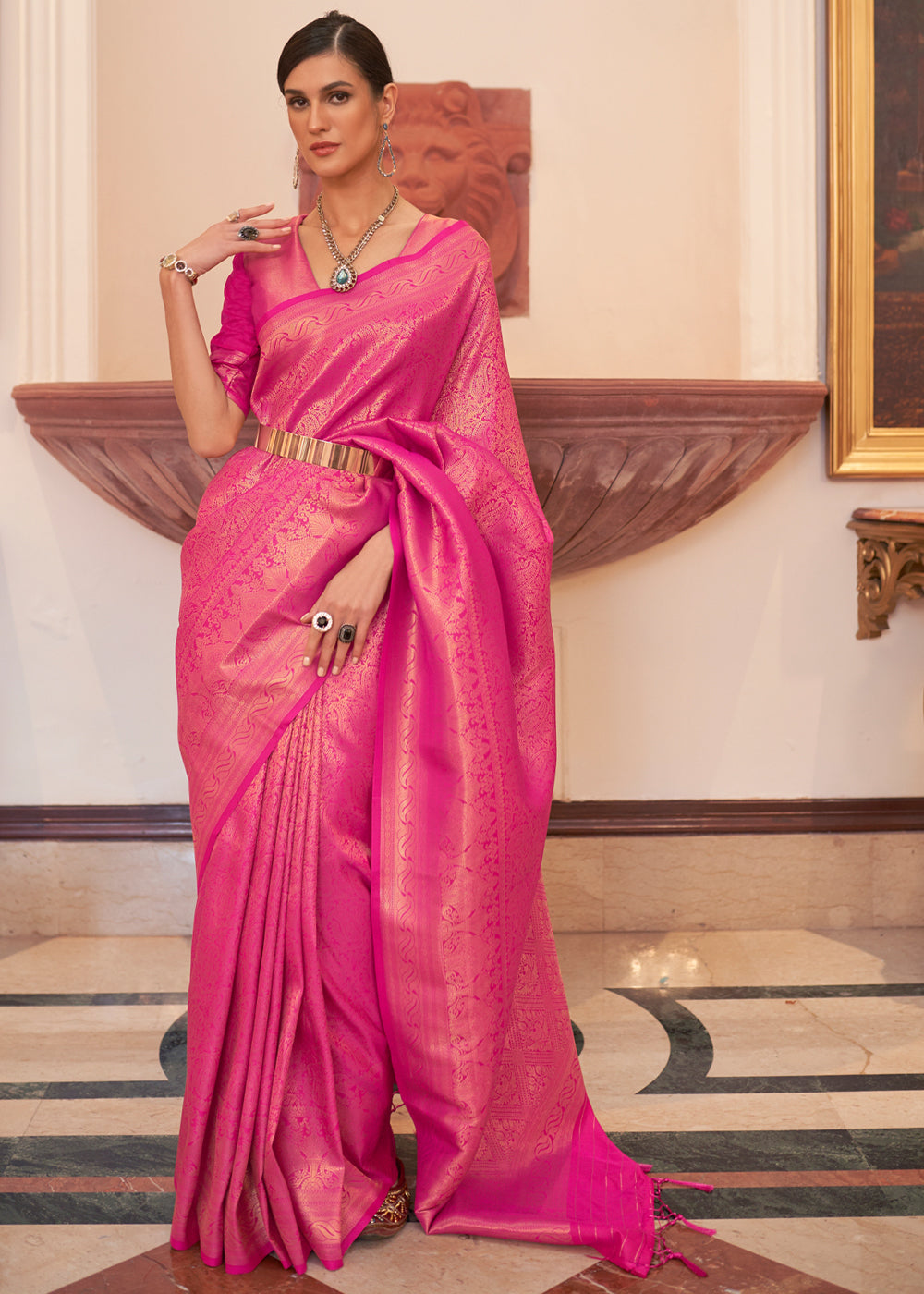 Buy MySilkLove Carnation Pink Woven Kanjivaram Silk Saree Online