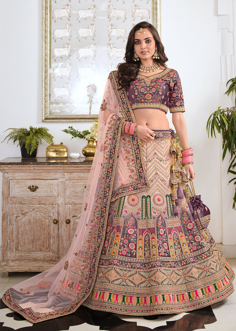 Buy MySilkLove Eunry Pink and Purple Dual Tone Heavy Embroidered Velvet Lehenga Online