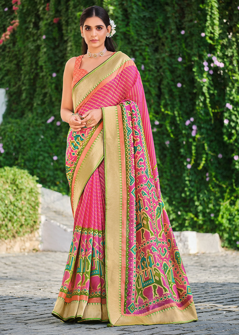 Buy MySilkLove Froly Pink and Green Brasso Patola Printed Saree Online