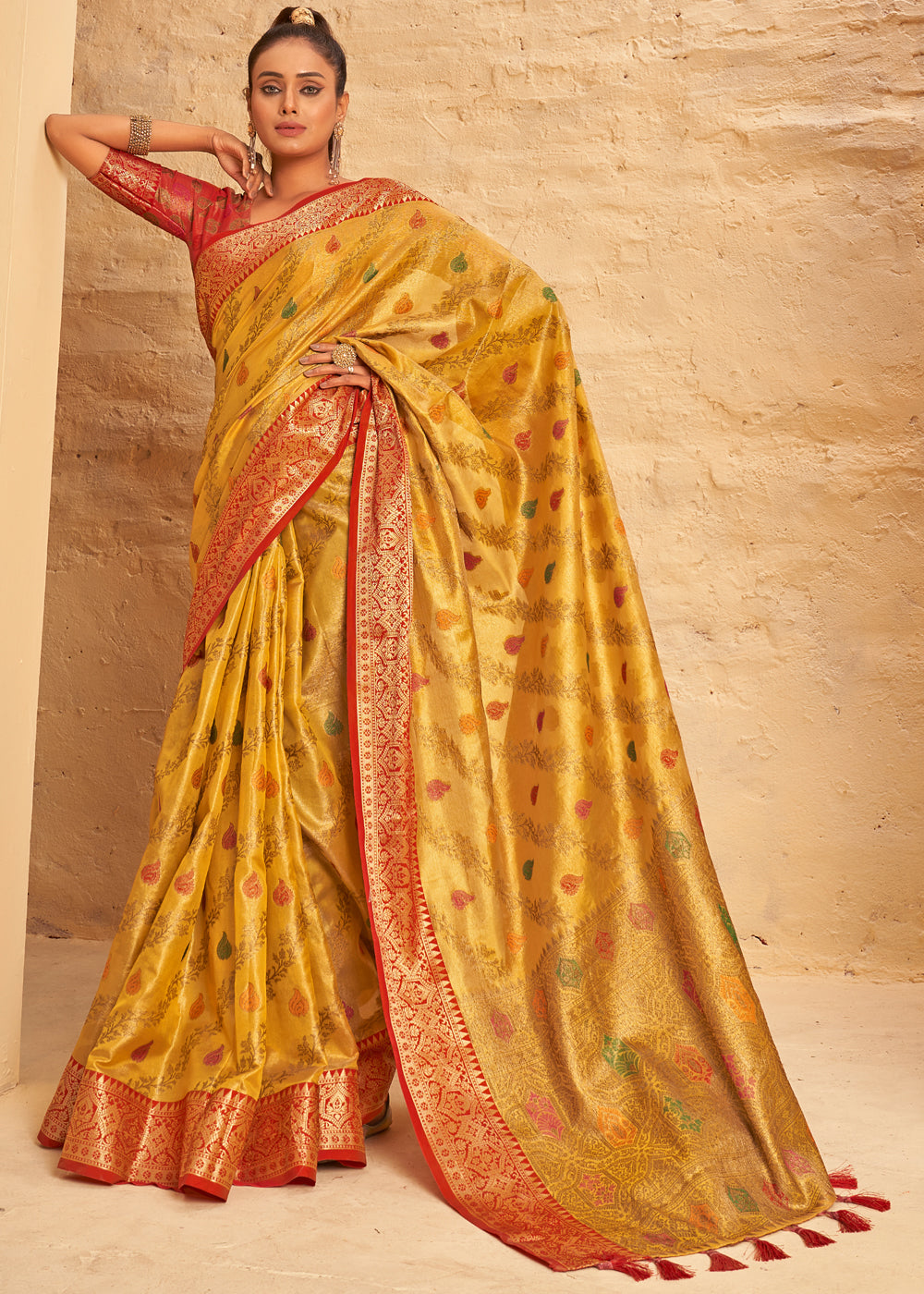 Buy MySilkLove Tulip Tree Yellow Woven Banarasi Brocade Silk Saree Online