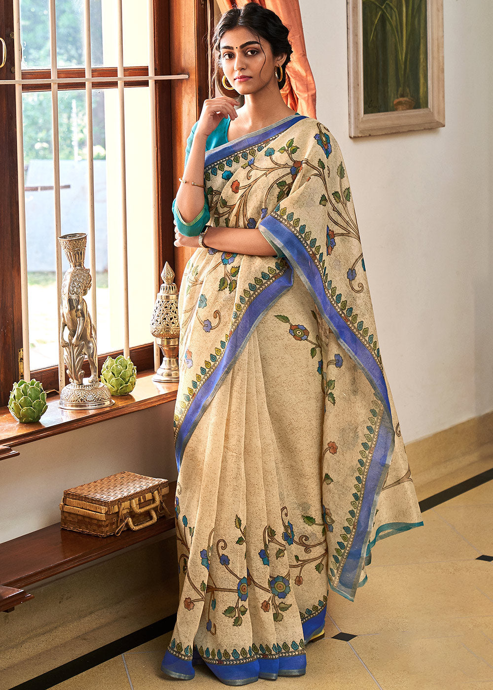 Buy MySilkLove Colonial Cream and Blue Cotton Linen Batik Printed Saree Online