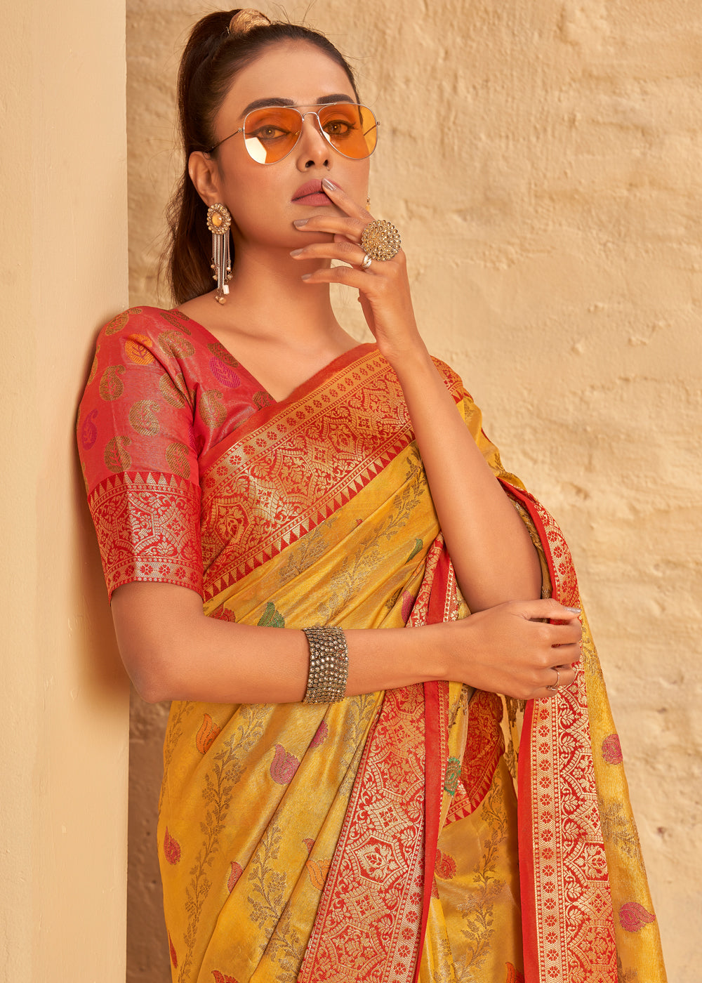 MySilkLove Tulip Tree Yellow Woven Banarasi Brocade Silk Saree