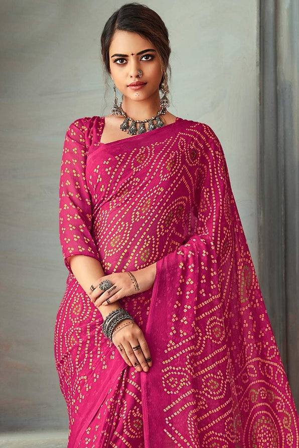 MySilkLove Shimmer Pink Chiffon Bandhani Printed Saree