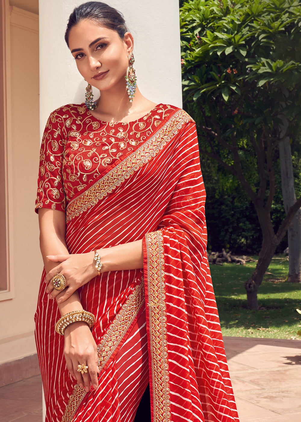 MySilkLove Valencia Red Lehriya Print Georgette Saree With Embroidered Blouse