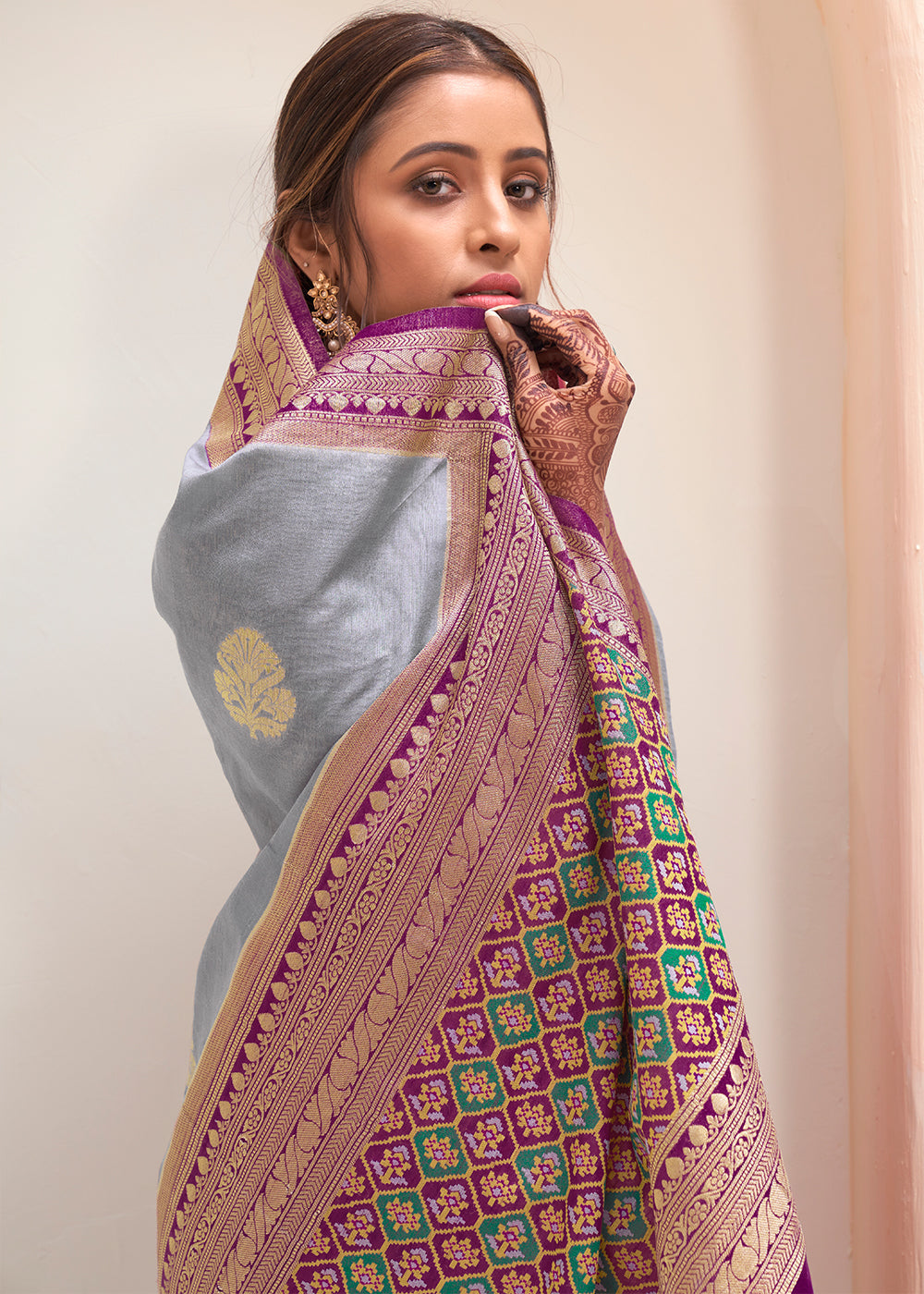 Buy MySilkLove Mantle Grey and Purple Zari Woven Banarasi Silk Saree Online