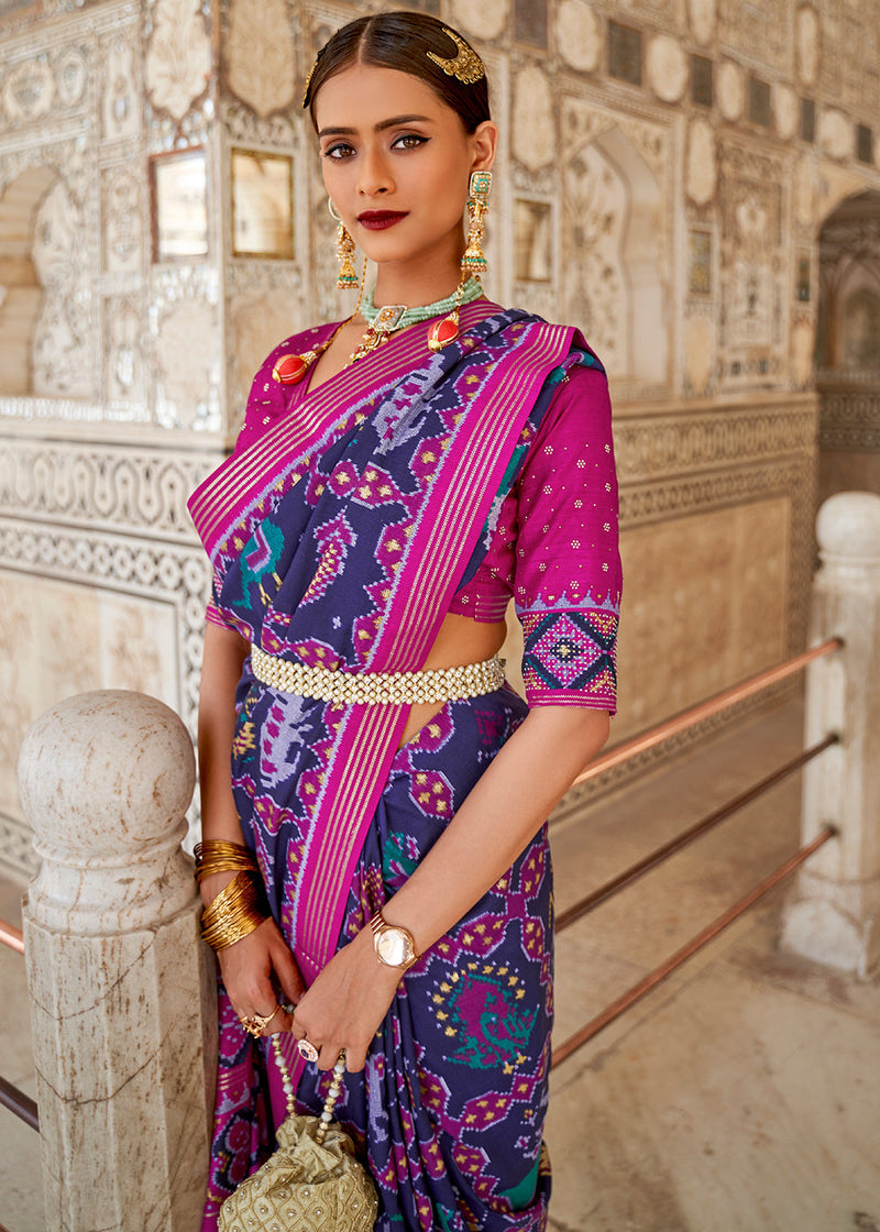 Smoky Blue and Pink Handloom Patola Saree