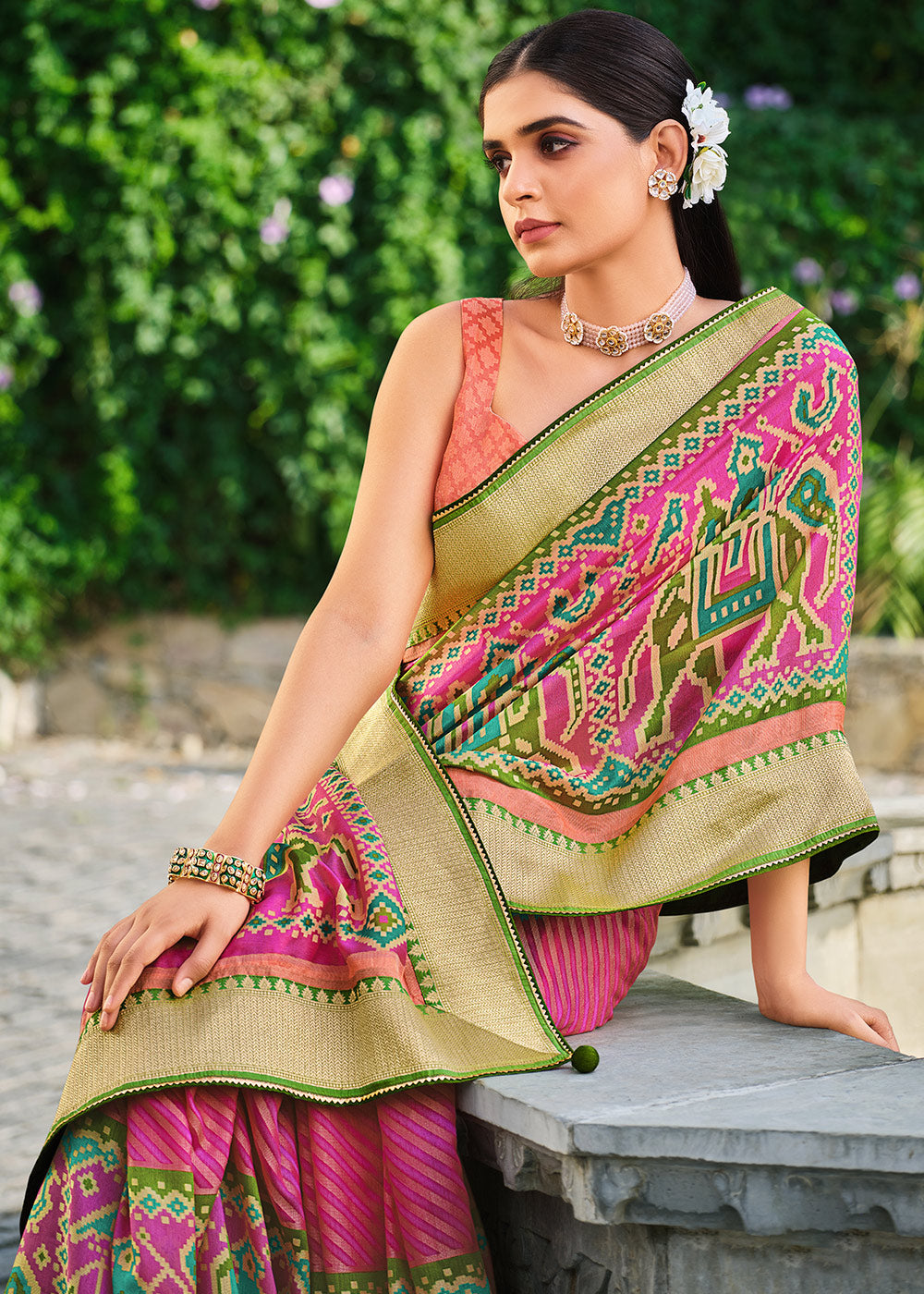 MySilkLove Froly Pink and Green Brasso Patola Printed Saree