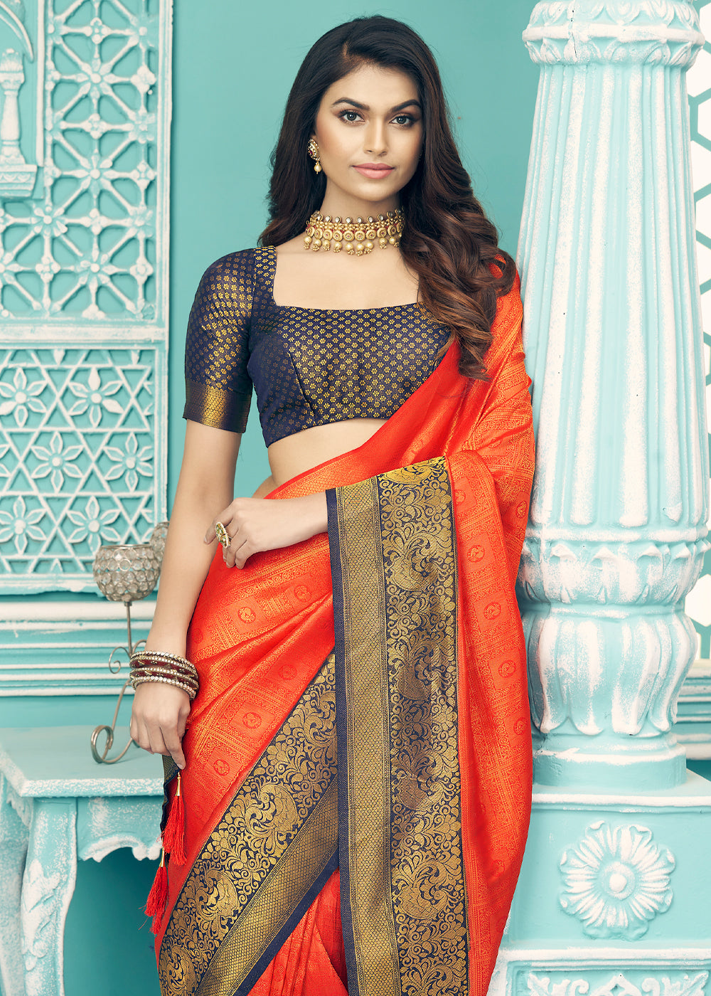 Buy MySilkLove Smashed Orange and Black kanjivaram Saree Online