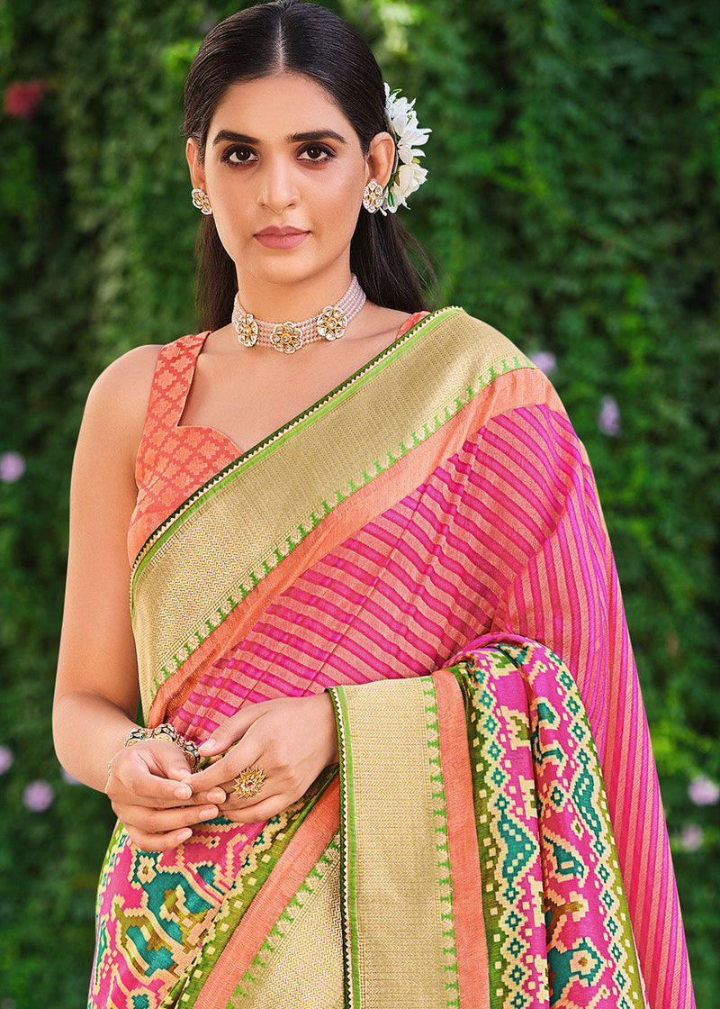 Froly Pink and Green Brasso Patola Printed Saree