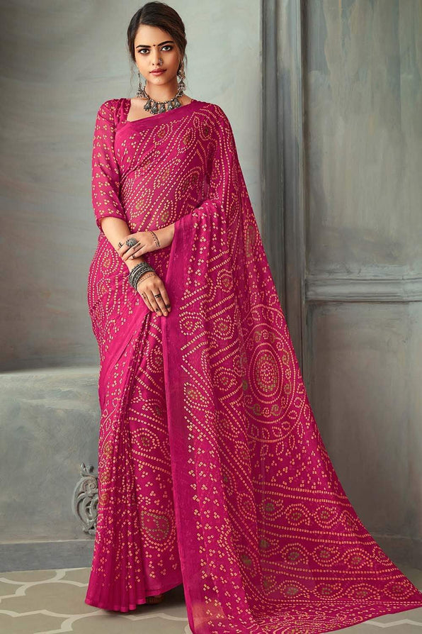 Buy MySilkLove Shimmer Pink Chiffon Bandhani Printed Saree Online