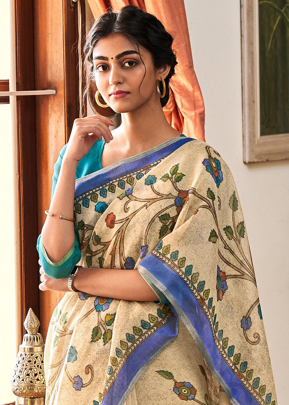 Buy MySilkLove Colonial Cream and Blue Cotton Linen Batik Printed Saree Online