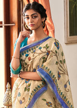 Colonial Cream and Blue Cotton Linen Batik Printed Saree