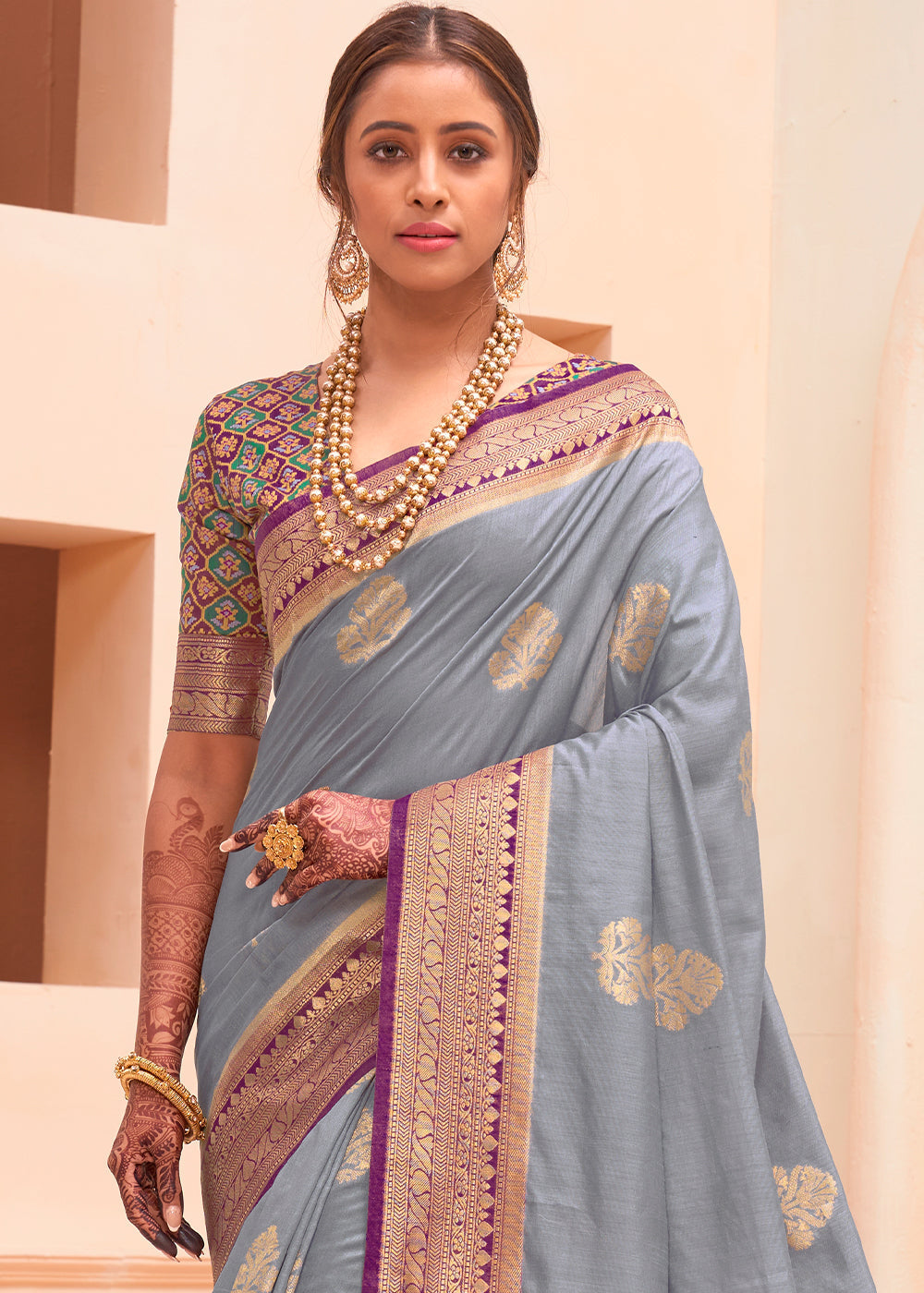 Buy MySilkLove Mantle Grey and Purple Zari Woven Banarasi Silk Saree Online