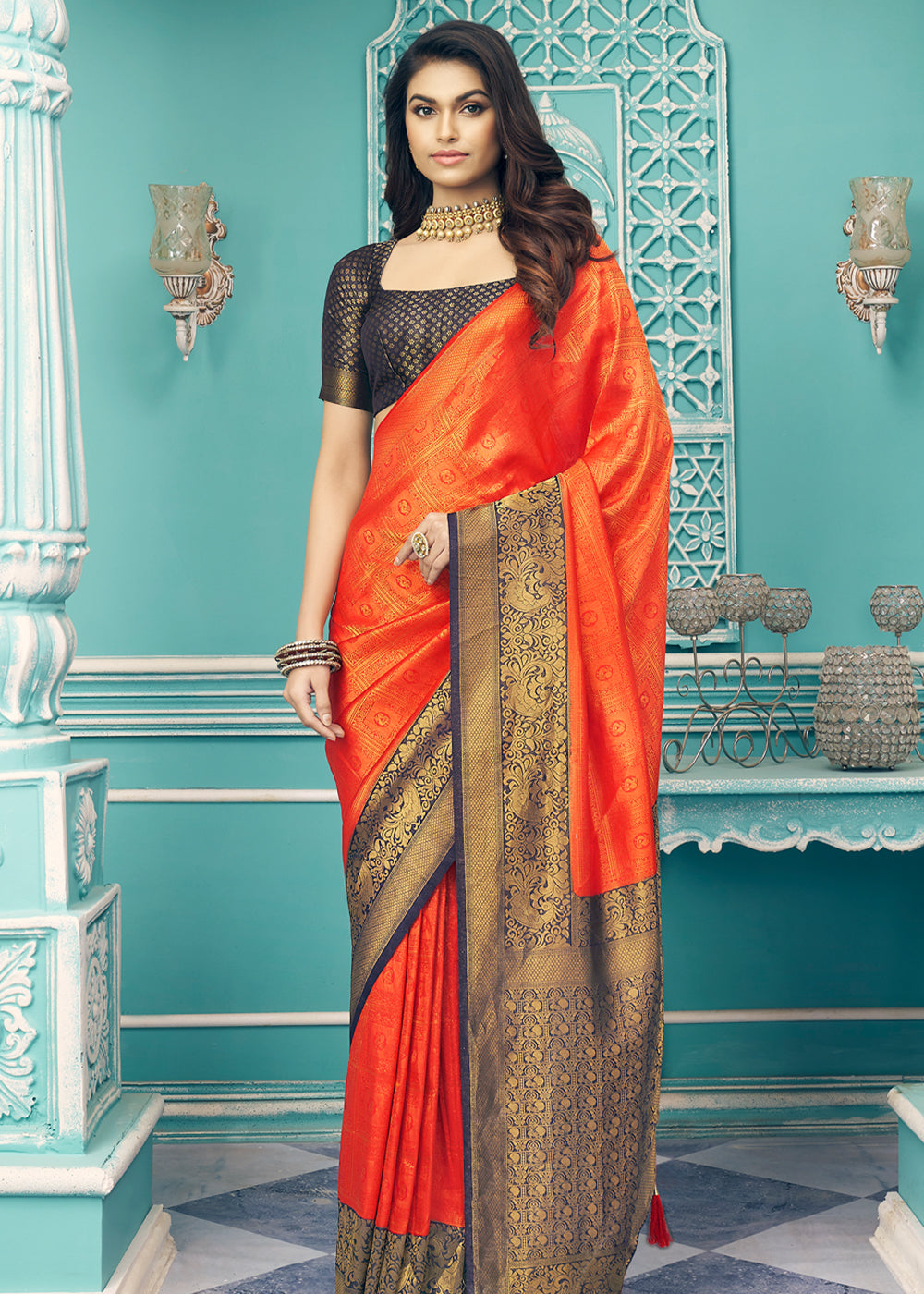 Buy MySilkLove Smashed Orange and Black kanjivaram Saree Online