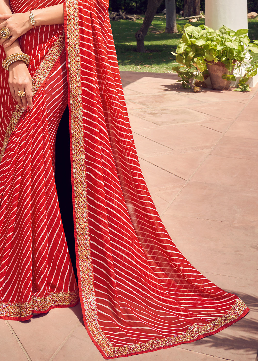 Buy MySilkLove Valencia Red Lehriya Print Georgette Saree With Embroidered Blouse Online