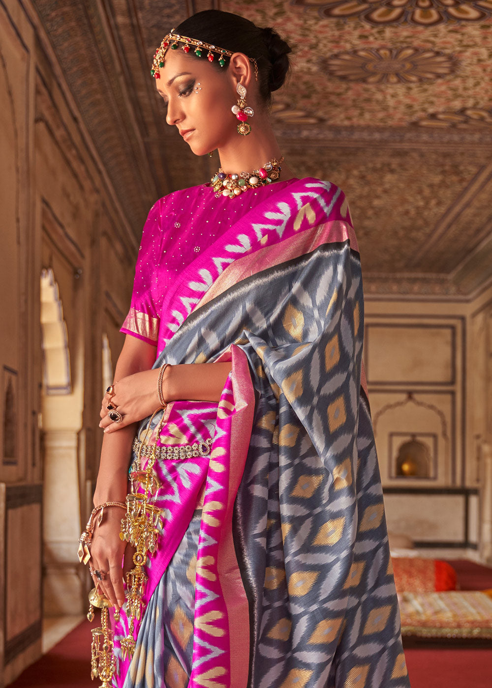 Buy MySilkLove Smoke Grey and Pink Printed Patola Silk Saree Online