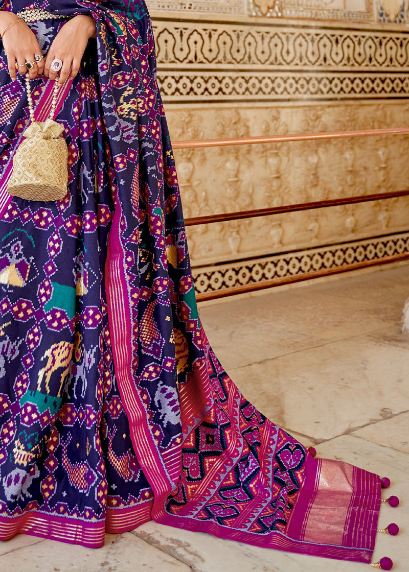 Smoky Blue and Pink Handloom Patola Saree