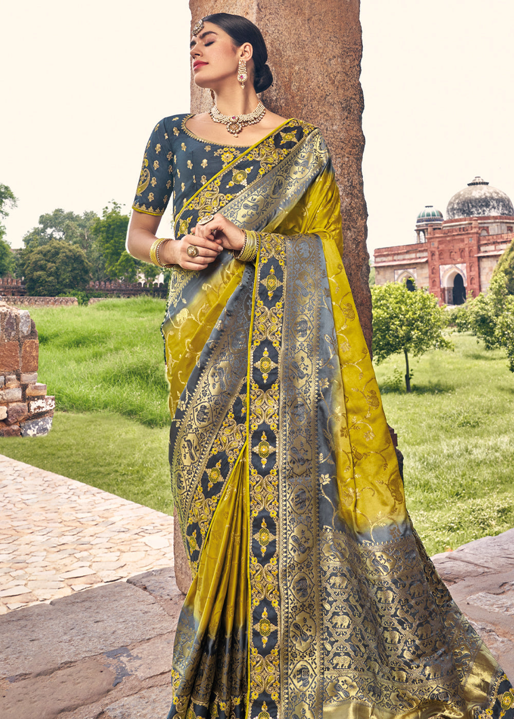 Buy MySilkLove Rob Roy Yellow and Blue Zari Woven Designer Banarasi Saree Online