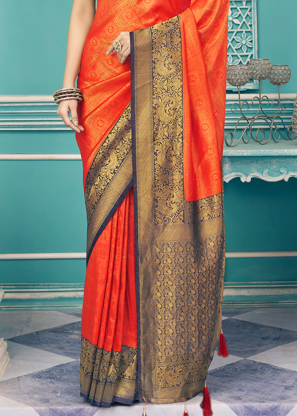 Buy MySilkLove Smashed Orange and Black kanjivaram Saree Online