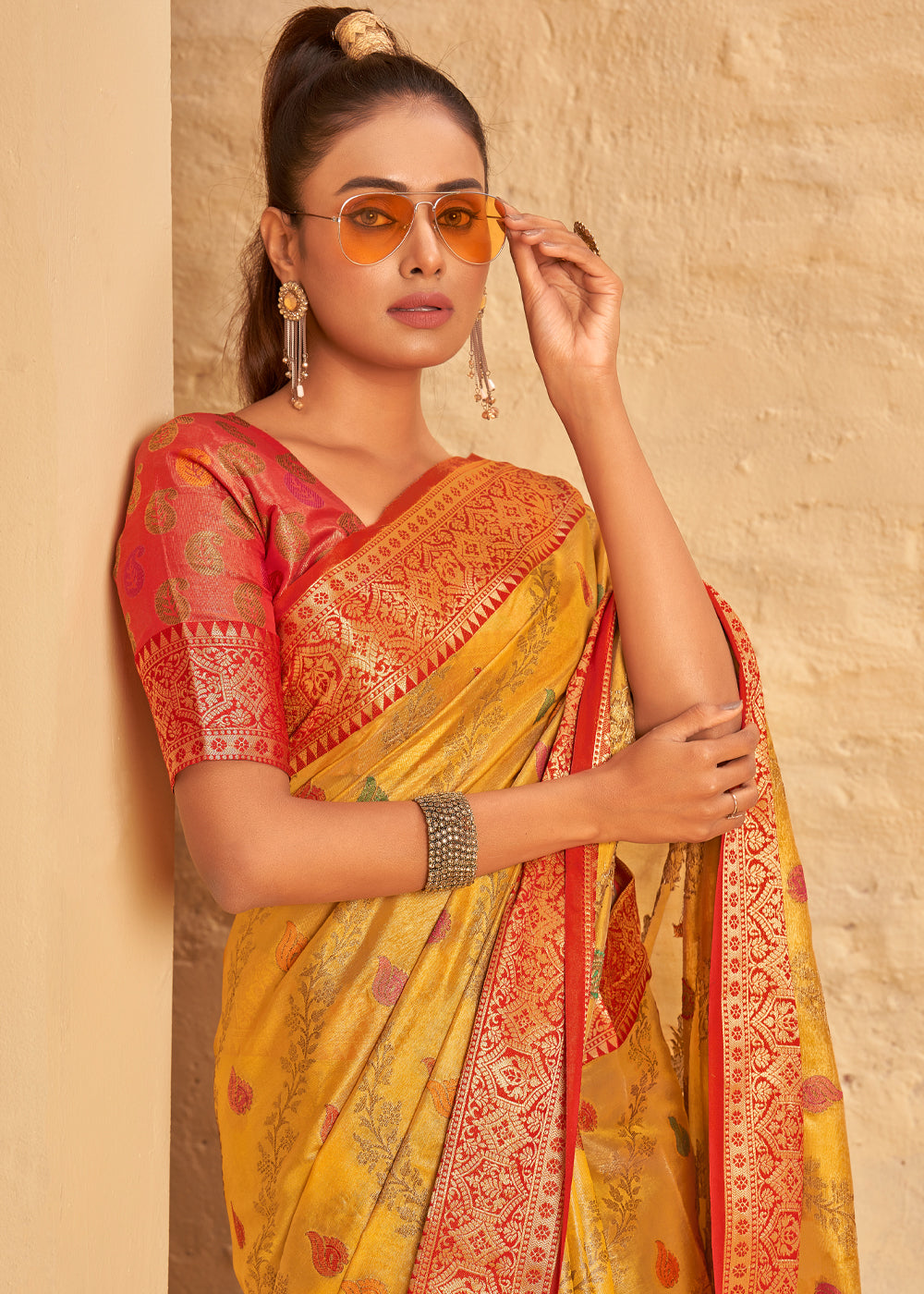 Buy MySilkLove Tulip Tree Yellow Woven Banarasi Brocade Silk Saree Online