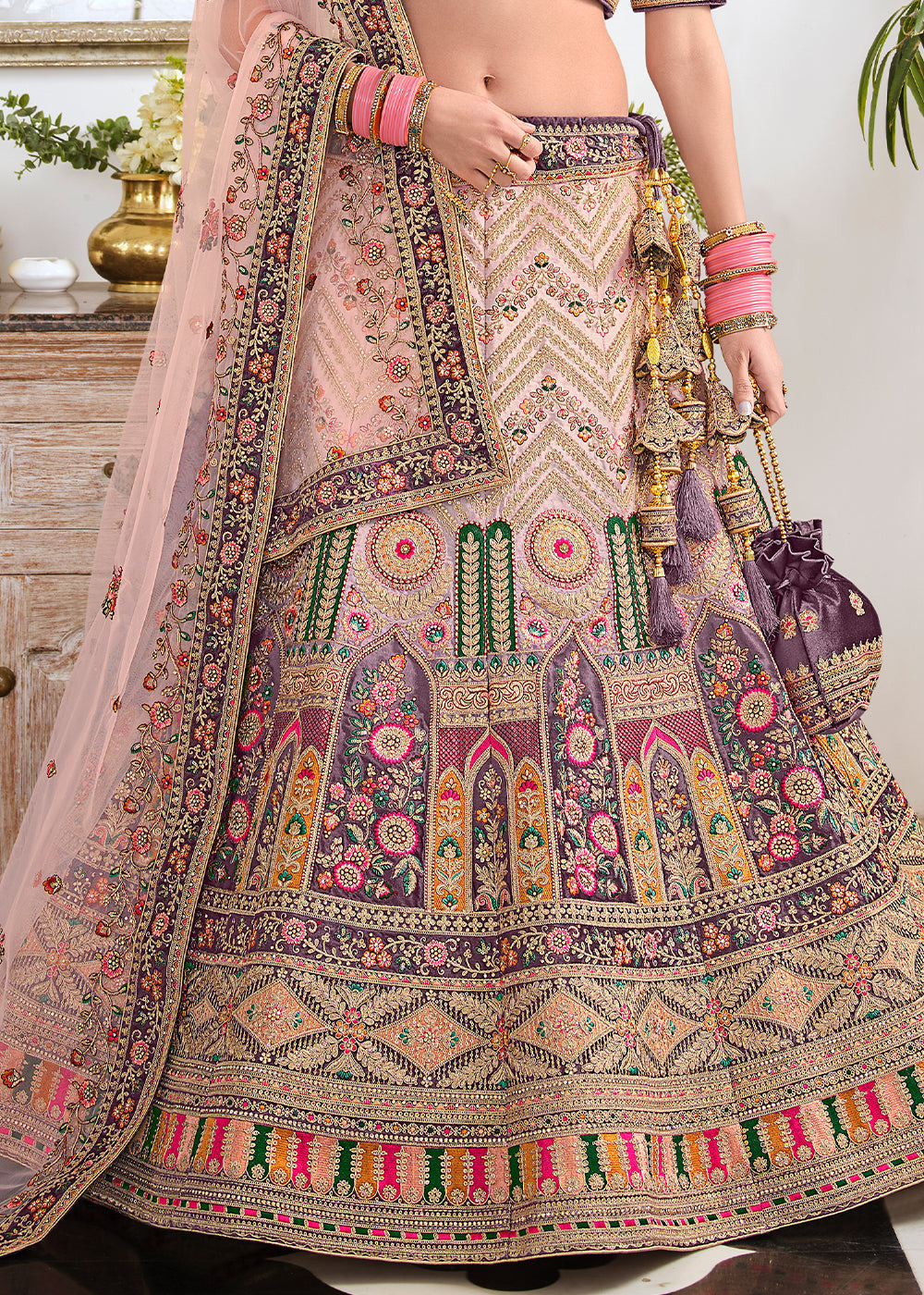 Buy MySilkLove Eunry Pink and Purple Dual Tone Heavy Embroidered Velvet Lehenga Online