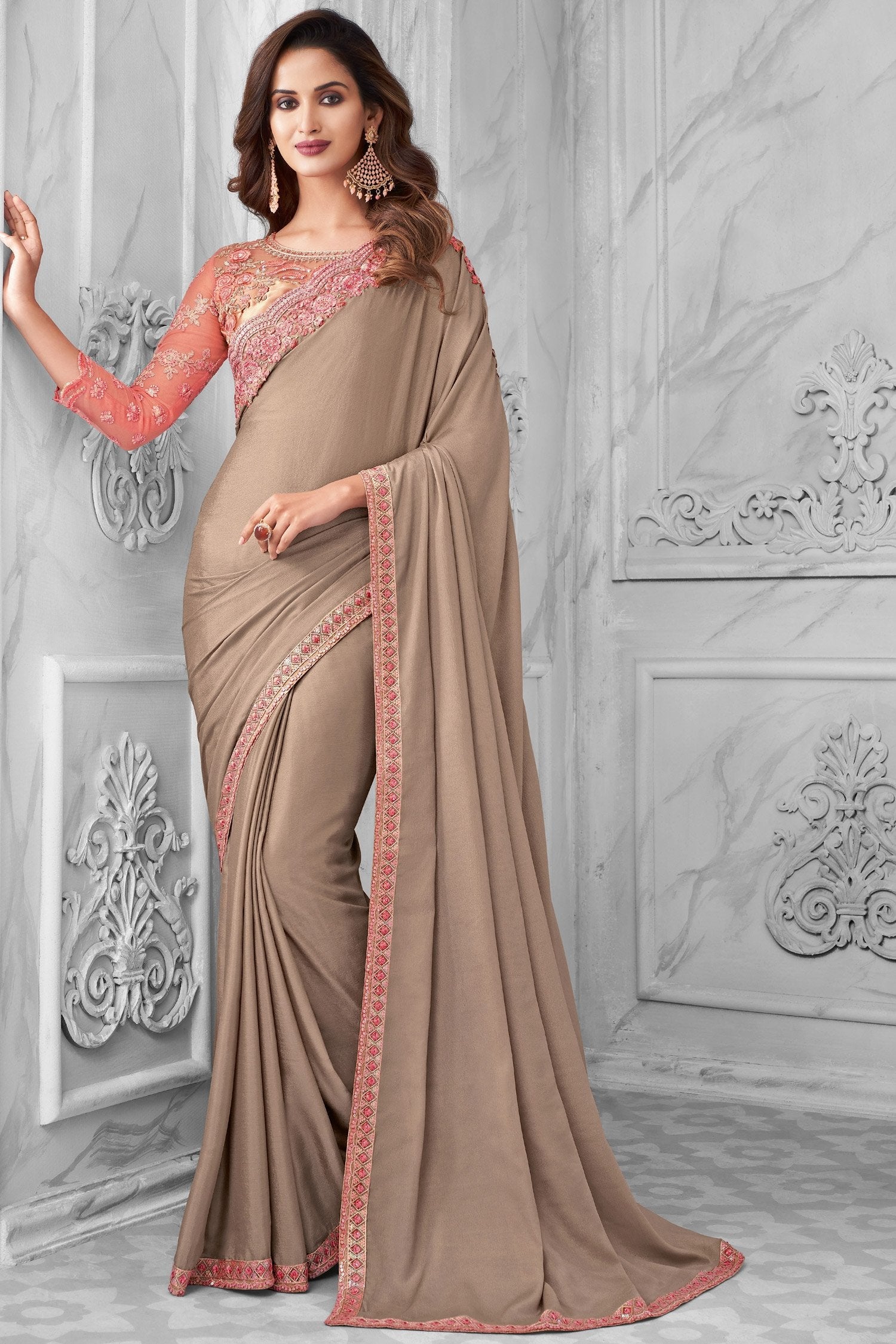 Buy MySilkLove Rodeo Dust Brown Chiffon Shimmer Designer Silk Saree Online