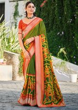 Pacifika Green and Red Brasso Patola Printed Saree