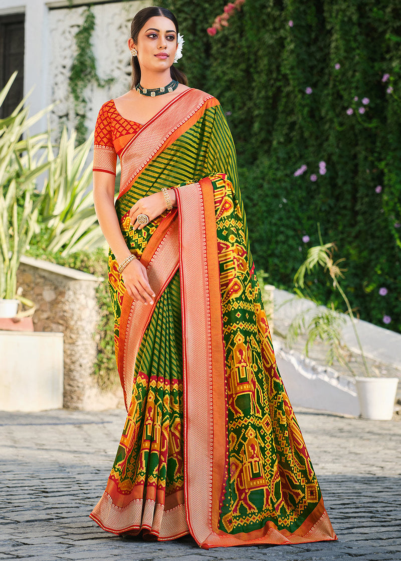 Pacifika Green and Red Brasso Patola Printed Saree