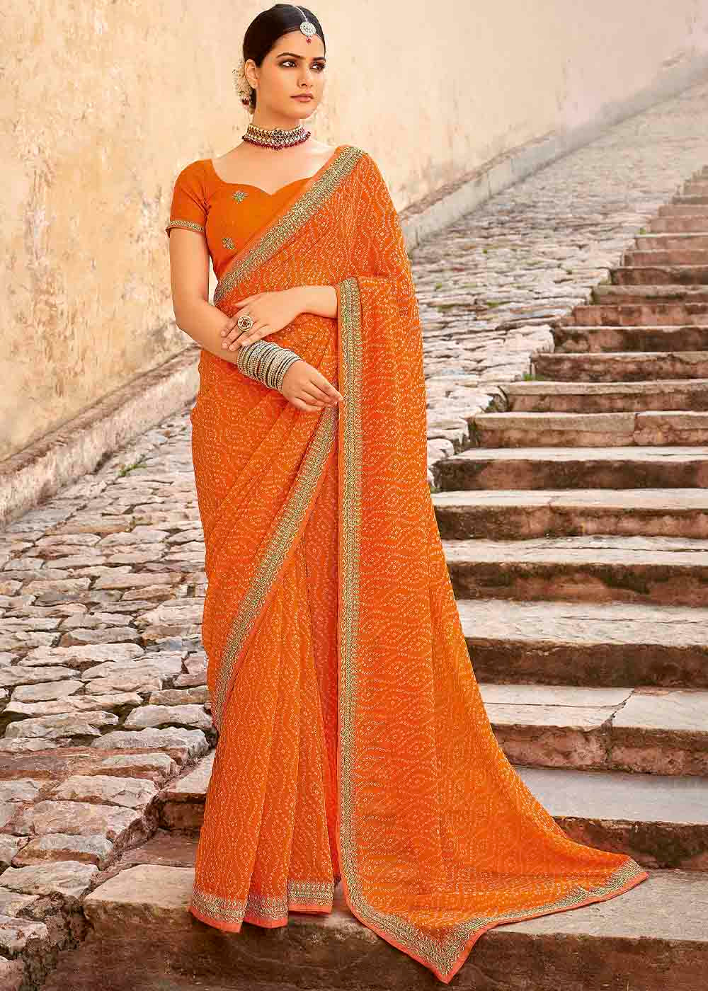 Buy MySilkLove Flamingo Orange Georgette Leheriya Printed Saree with Embroidered Blouse Online