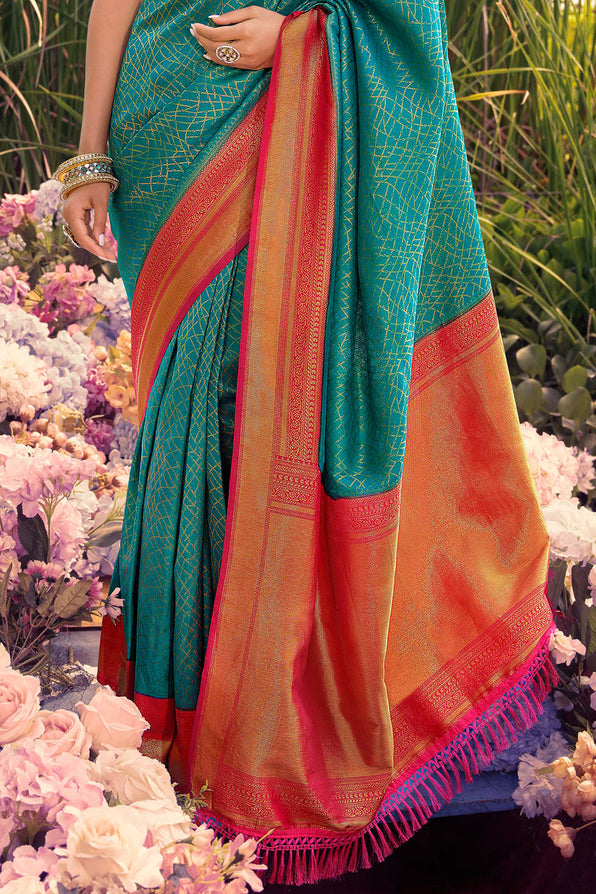 Buy MySilkLove Ming Blue and Red Woven Kanjivaram Saree Online