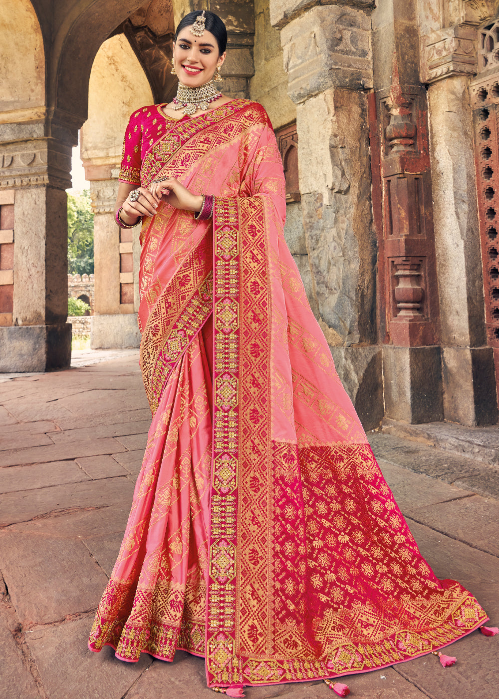 Buy MySilkLove Apricot Pink and Red Zari Woven Designer Banarasi Saree Online