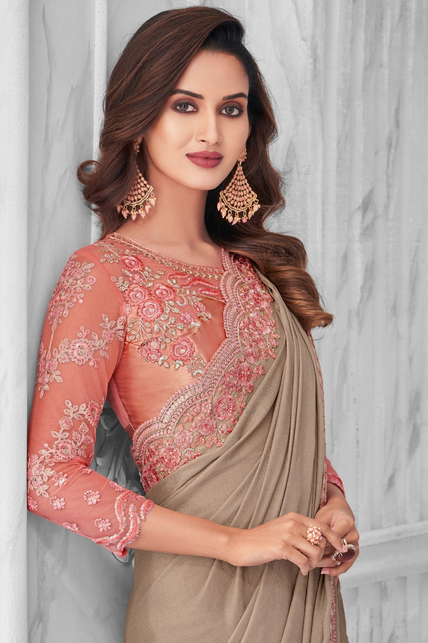 MySilkLove Rodeo Dust Brown Chiffon Shimmer Designer Silk Saree