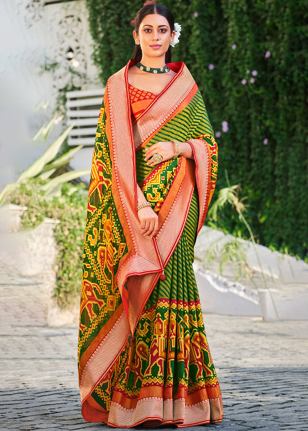 Buy MySilkLove Pacifika Green and Red Brasso Patola Printed Saree Online