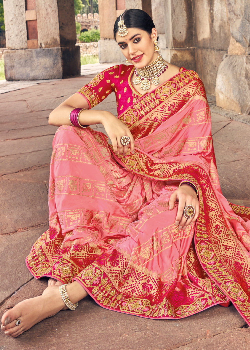 MySilkLove Apricot Pink and Red Zari Woven Designer Banarasi Saree