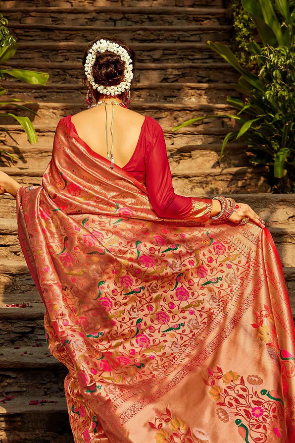 Rose Red Golden Zari Kanjeevaram Silk Saree