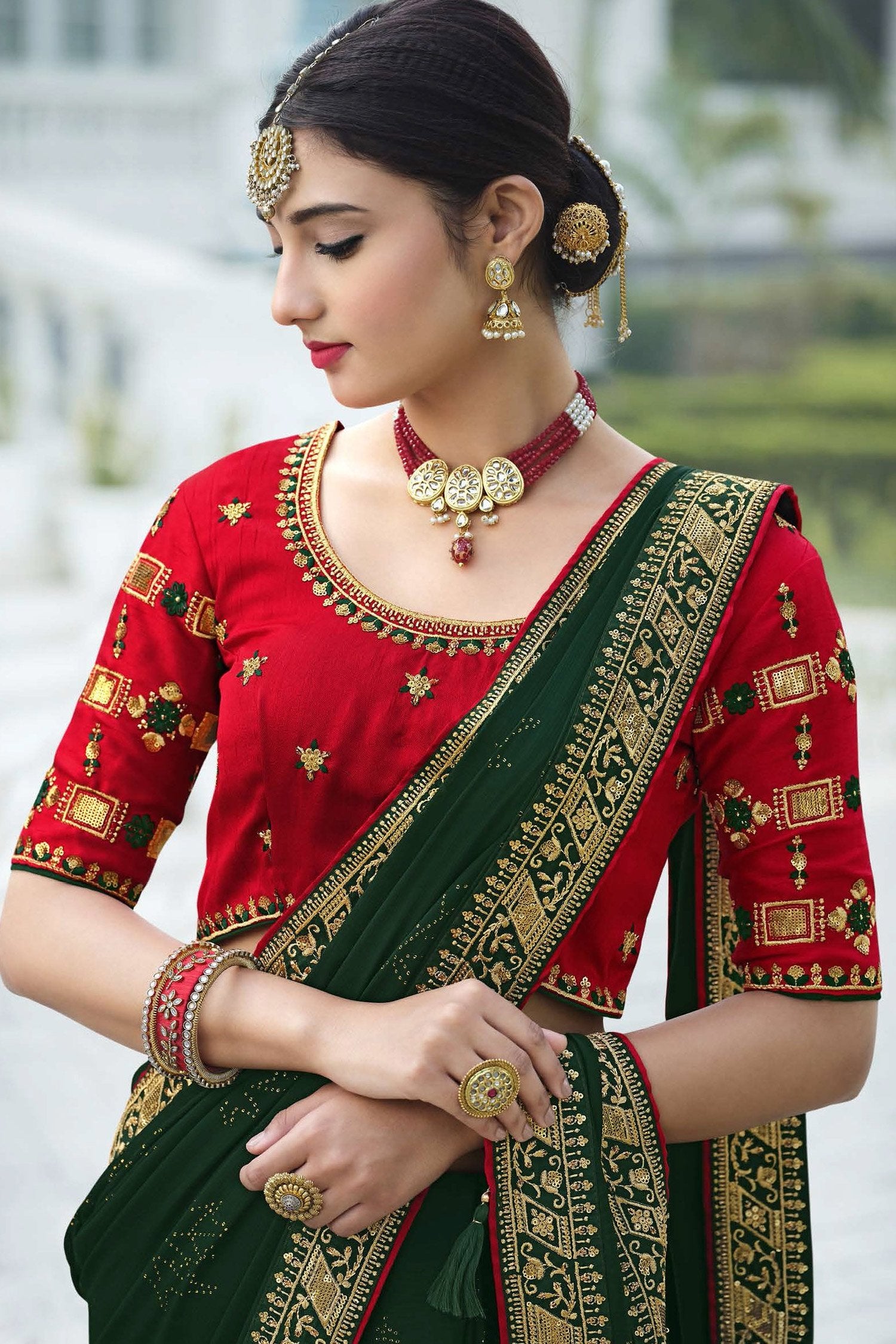 MySilkLove Celtic Green and Red Chiffon Stone Work Saree