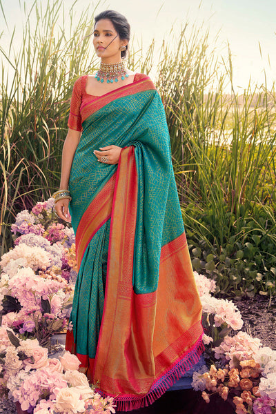 Niagara Blue and Red Woven Kanjivaram Silk Saree – MySilkLove