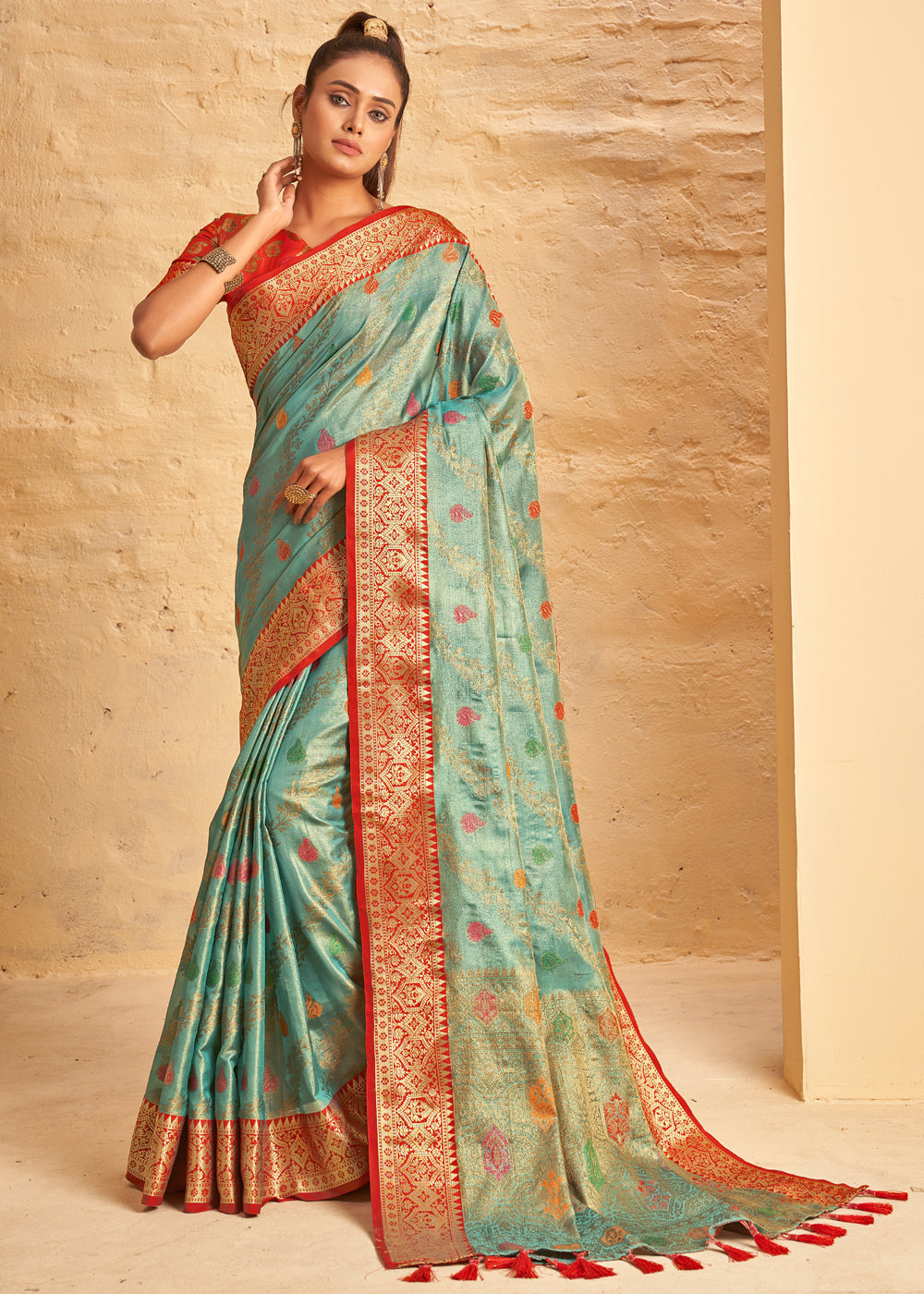 Buy MySilkLove Spring Rain Blue Woven Banarasi Brocade Silk Saree Online