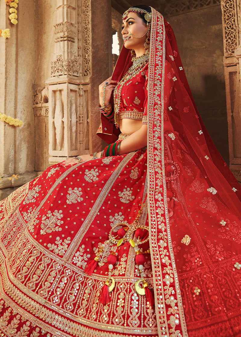 Red Coloured Heavy Milan Silk Long Sleeves Heavy Embroidery Bridal Wor –  Royskart