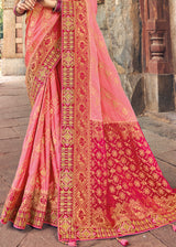 Apricot Pink and Red Zari Woven Designer Banarasi Saree