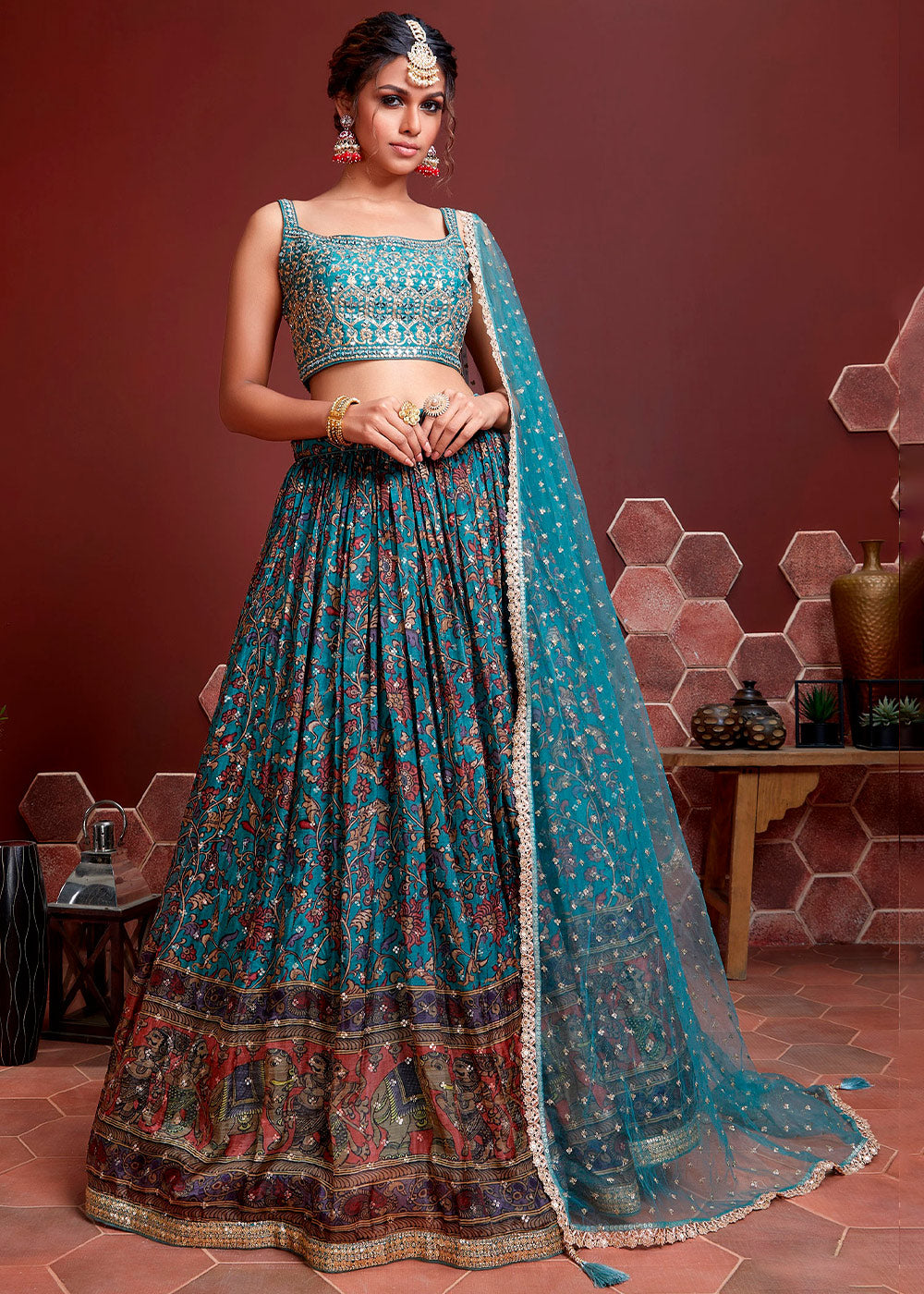 Buy MySilkLove Calypso Blue Printed Chinon Silk Lehenga Choli Online