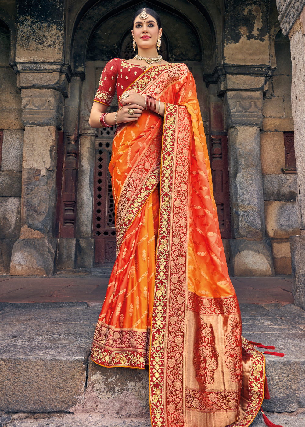 Buy MySilkLove Jaffa Orange Zari Woven Designer Banarasi Saree Online