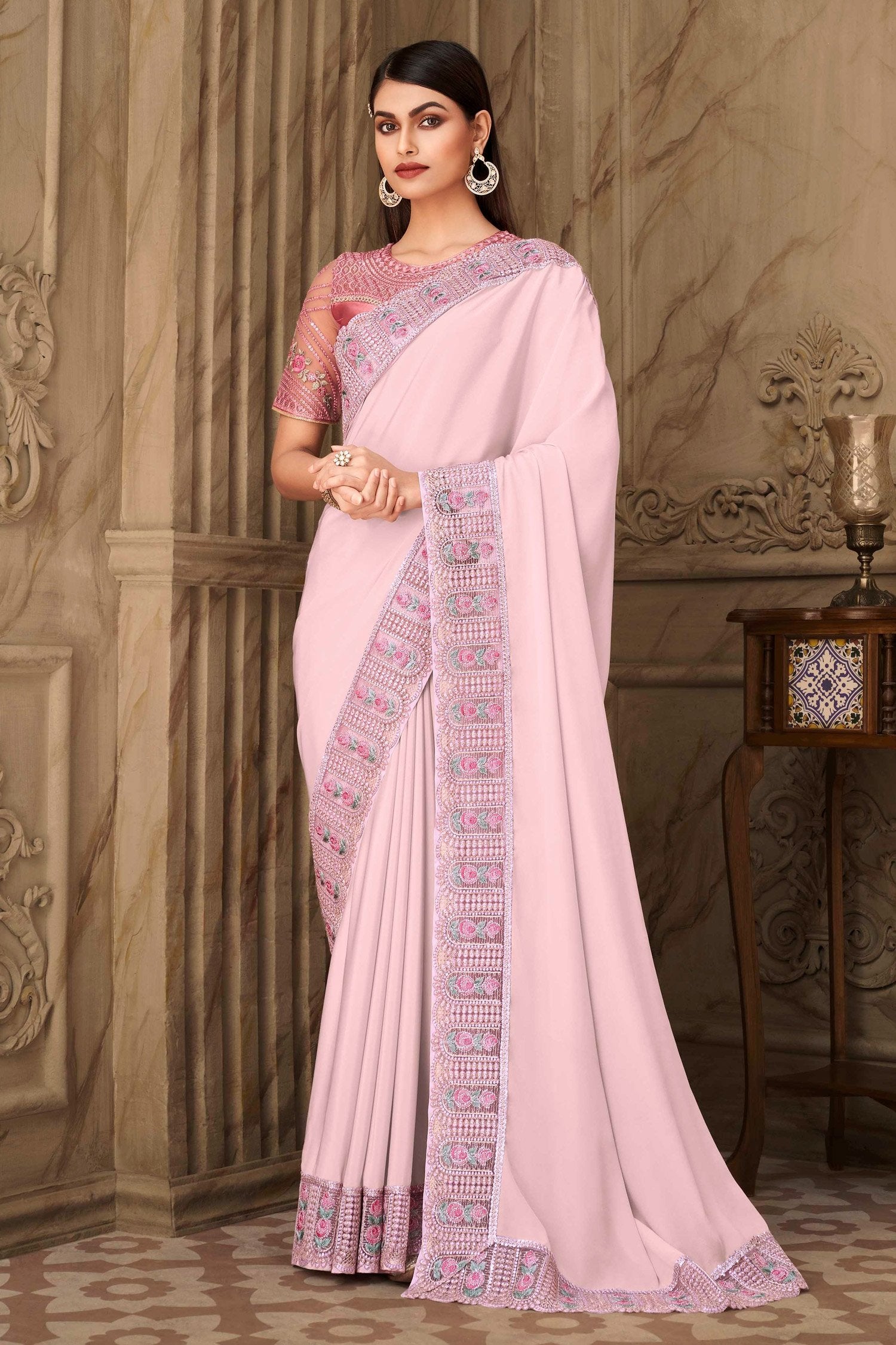 Buy MySilkLove Cinderella Pink Designer Silk Saree Online