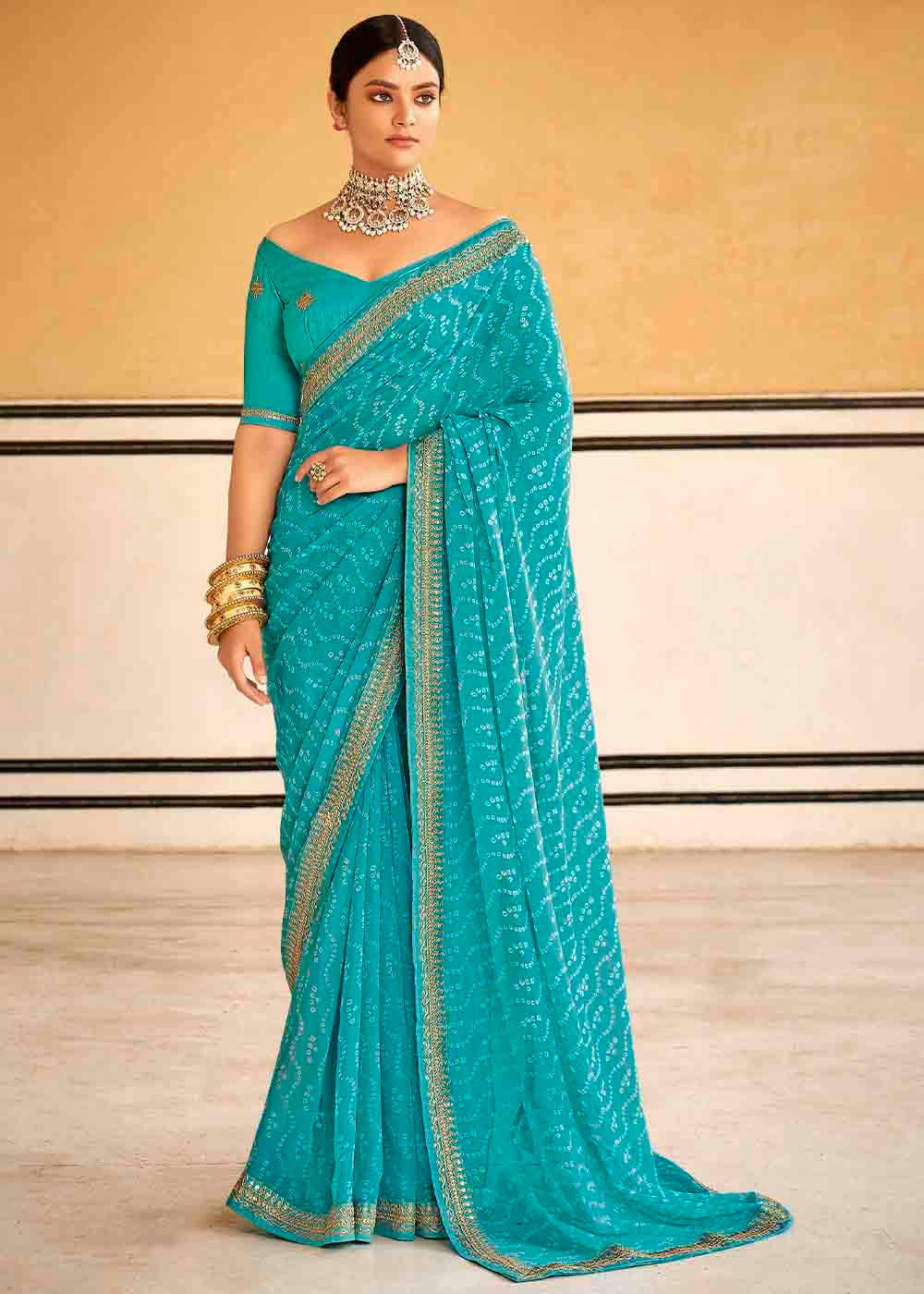 Buy MySilkLove Persian Blue Georgette Leheriya Printed Saree with Embroidered Blouse Online