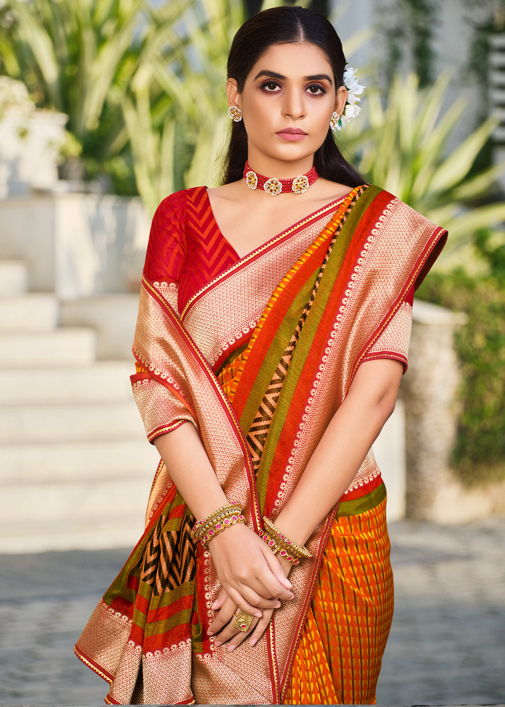 MySilkLove Jaffa Orange and Red Brasso Patola Printed Saree