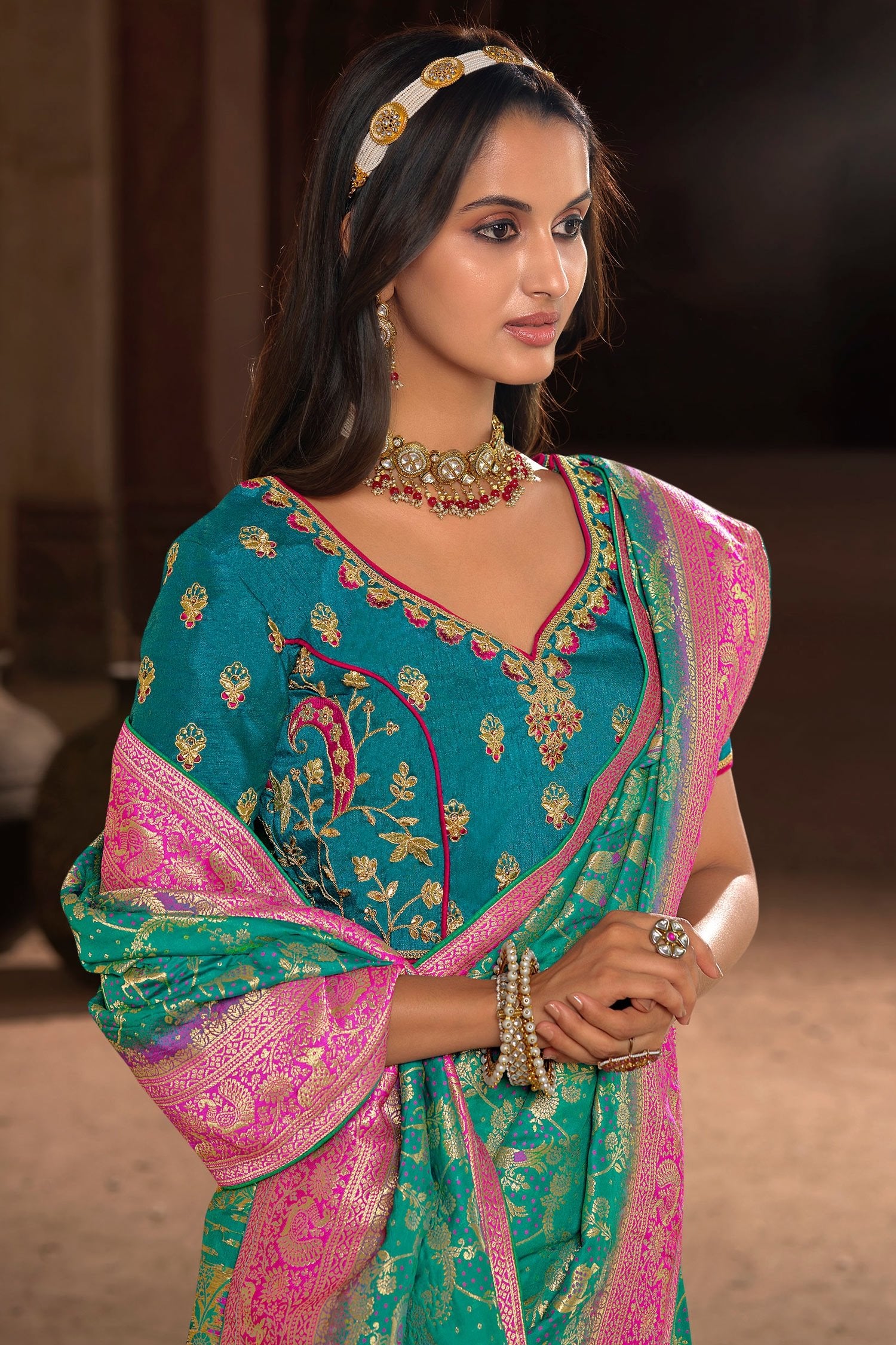 MySilkLove Emerald Blue and Pink Designer Banarasi Woven Silk Saree