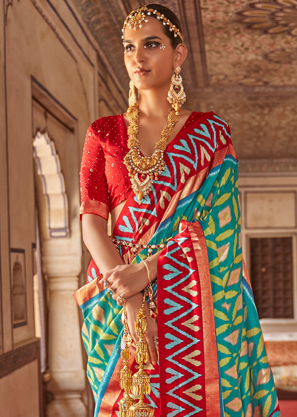 Buy MySilkLove Elf Green and Red Printed Patola Silk Saree Online