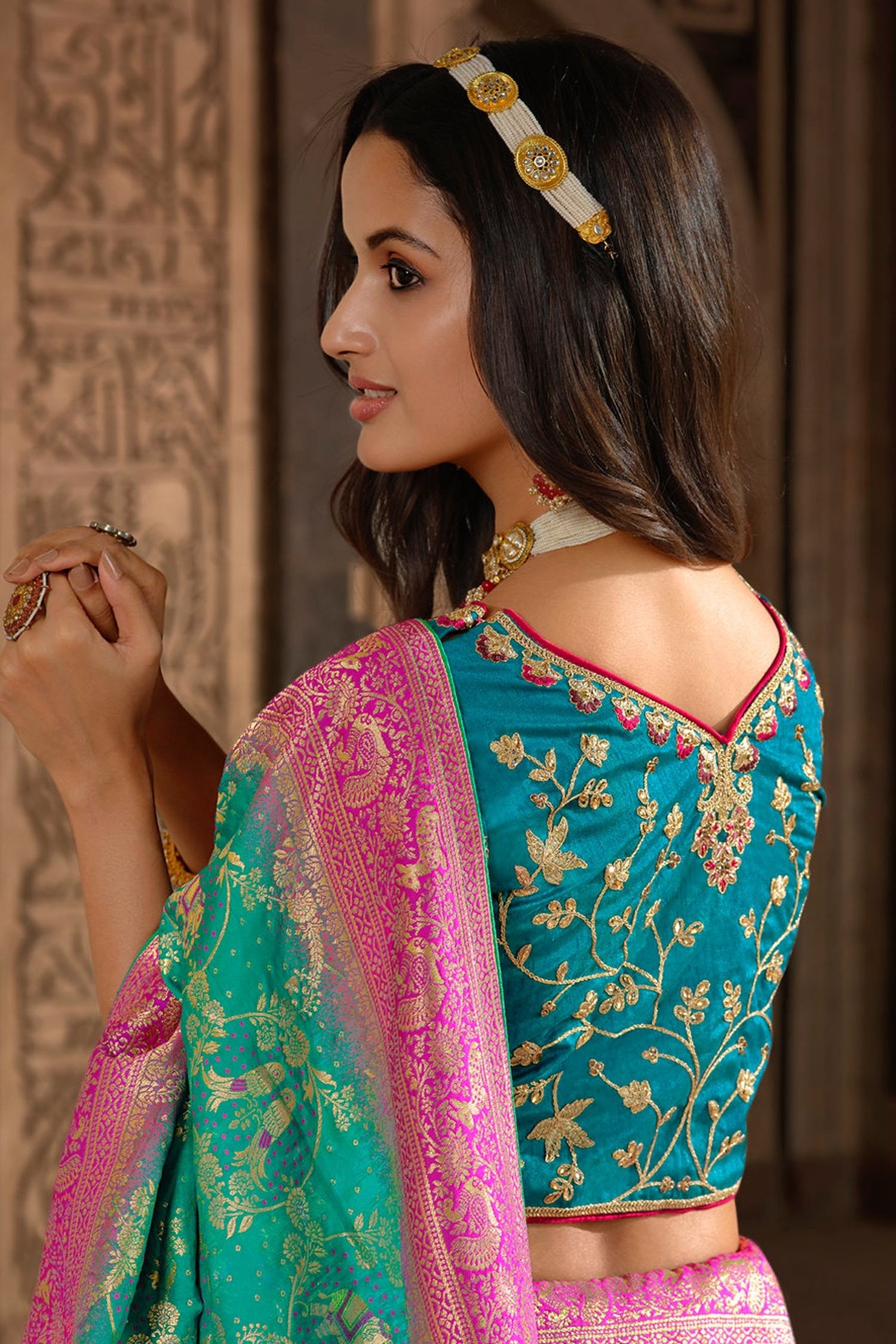 Buy MySilkLove Emerald Blue and Pink Designer Banarasi Woven Silk Saree Online