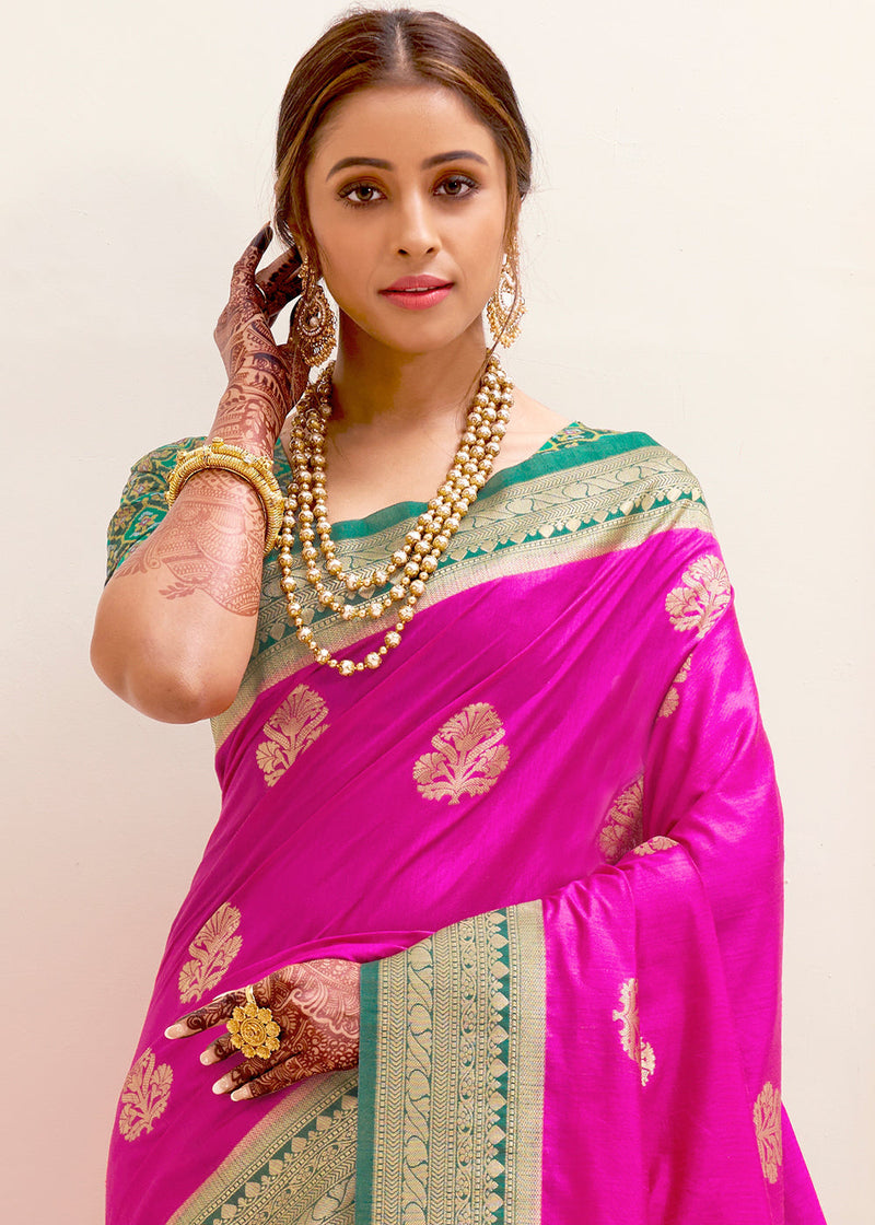 Persian Pink and Green Zari Woven Banarasi Silk Saree