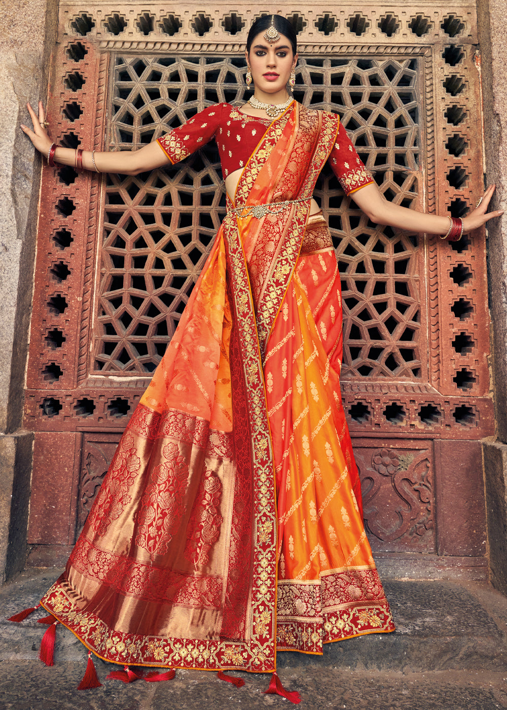 Buy MySilkLove Jaffa Orange Zari Woven Designer Banarasi Saree Online